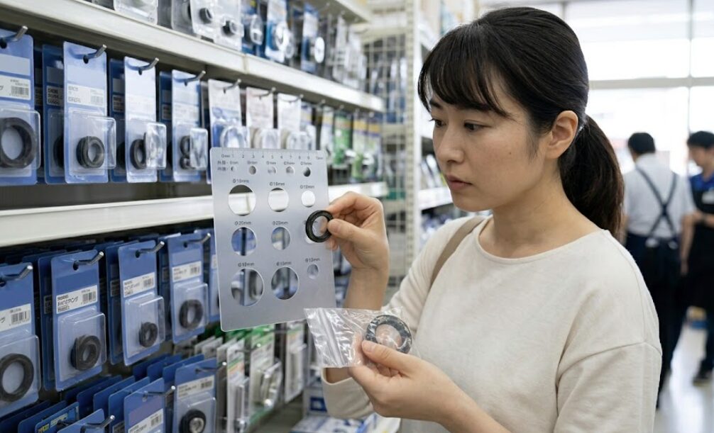 ホームセンターの水栓パーツ売り場で、古いパッキンを手に持ち、適合表と見比べる日本人女性。DIY修理のための正確なサイズ確認。