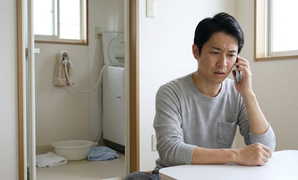 賃貸アパートで洗濯機の水漏れを発見し、心配そうな表情でスマートフォンを使い管理会社へ電話連絡する日本人男性入居者。