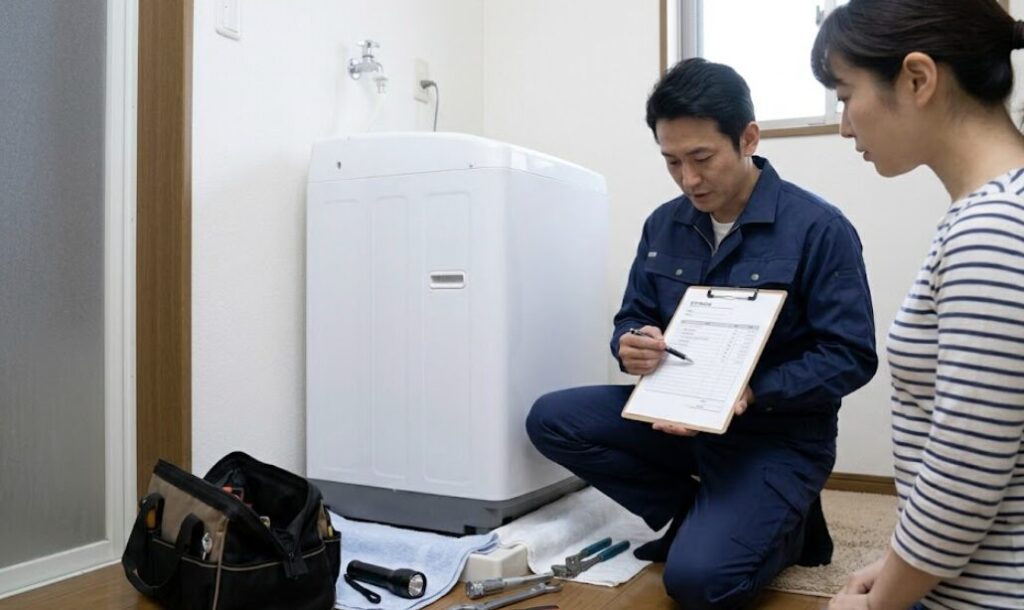 洗濯機の水漏れ修理について、日本人プロの水道業者が顧客の日本人女性に対し、作業前に詳細な書面による見積もりを提示し、内容を丁寧に説明する様子。悪質業者回避。