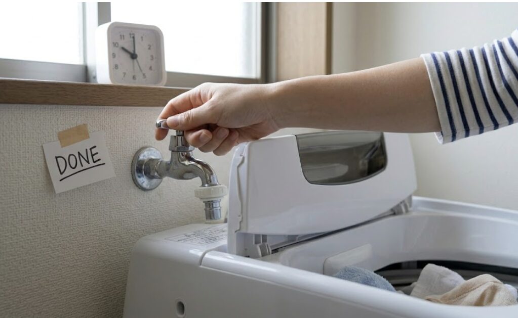 洗濯完了後、水圧による劣化を防ぐために、洗濯機の蛇口ハンドルをしっかりと閉める日本人女性の手。日常的な予防習慣。