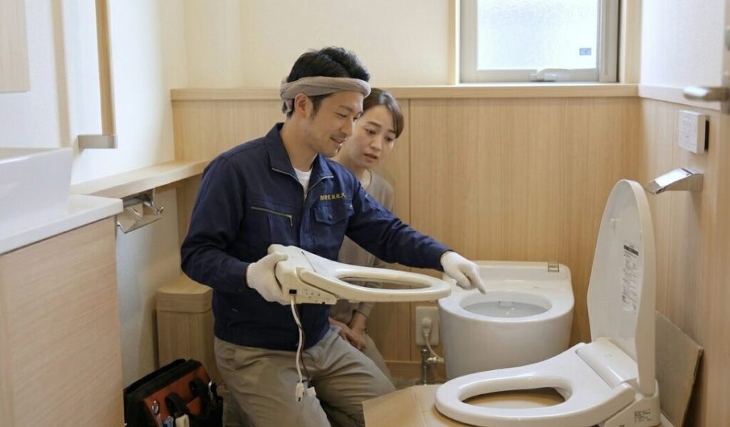 工務店のスタッフ（日本人男性）が、既存のタンクレストイレ（一体型）から機能部（便座・タンク部分）のみを取り外し、新しい機能部に取り替えようとしている、または交換方法を顧客に説明している様子。陶器部分はそのまま。