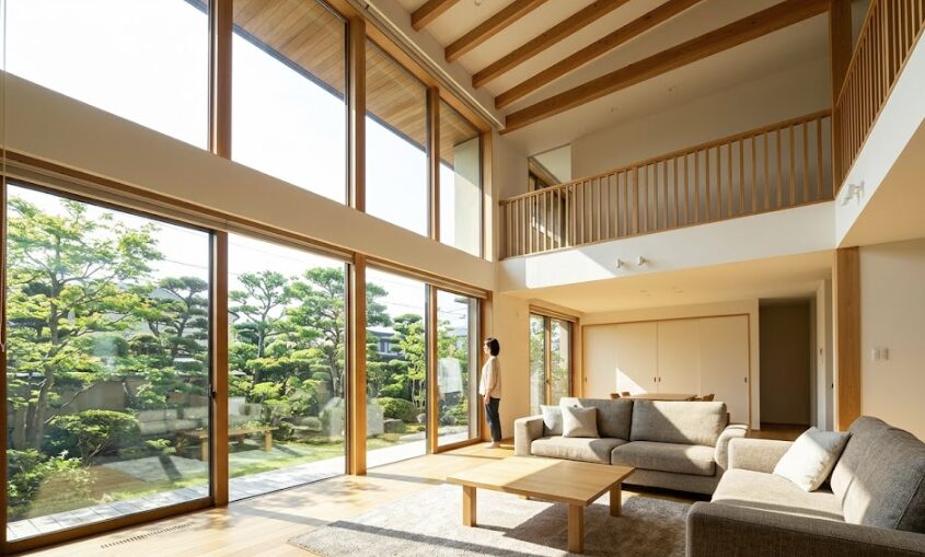 吹き抜けと南向きの大きな窓がある、開放的で強力な空調が必要な日本のリビングルームの写真。