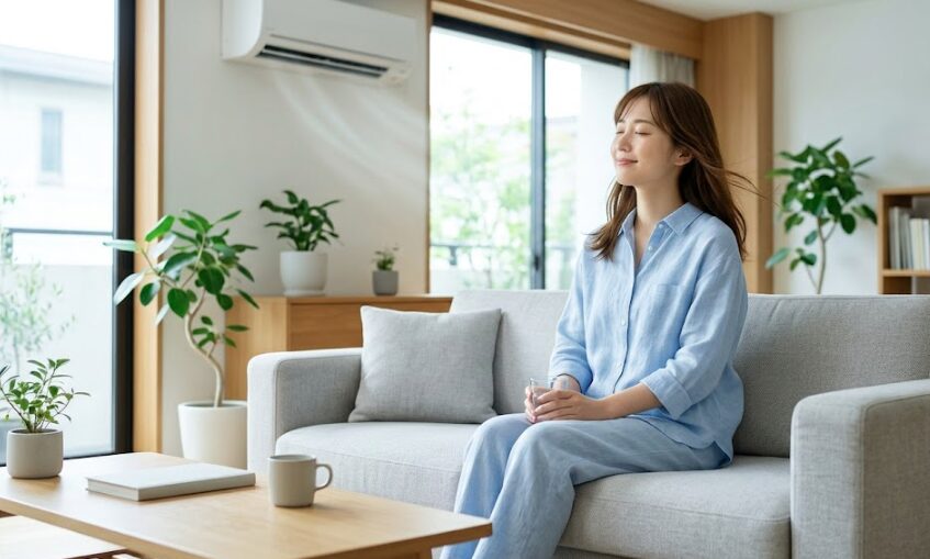 ジャストサイズのエアコンによって適切に除湿された空間で快適に過ごす日本人女性。サラッとした質感の肌と、涼しい風を感じる表情。