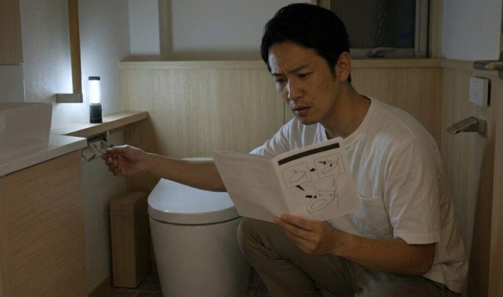 災害による停電で少し薄暗いトイレ空間（日本住宅）において、日本人男性が困惑しながら、取扱説明書（文字なし、図解のみ）を片手に、タンクレストイレの側面にある手動レバーを操作して水を流そうと試みている様子。