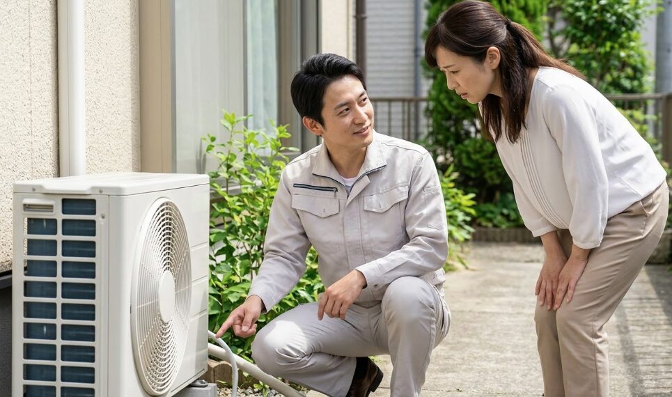 エアコンのドレンホース付近で心配そうな日本人女性に、親身に説明する専門家
