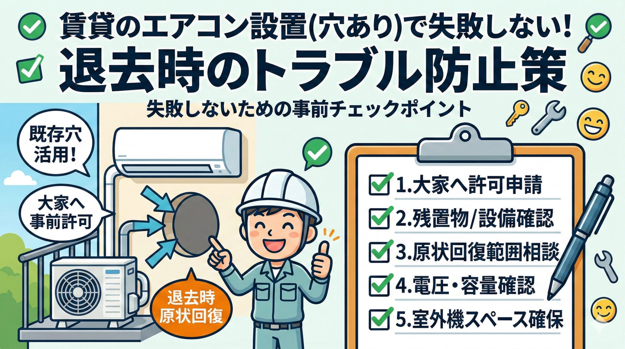 アイキャッチ画像(賃貸のエアコン設置(穴あり)で失敗しない!退去時のトラブル防止策)