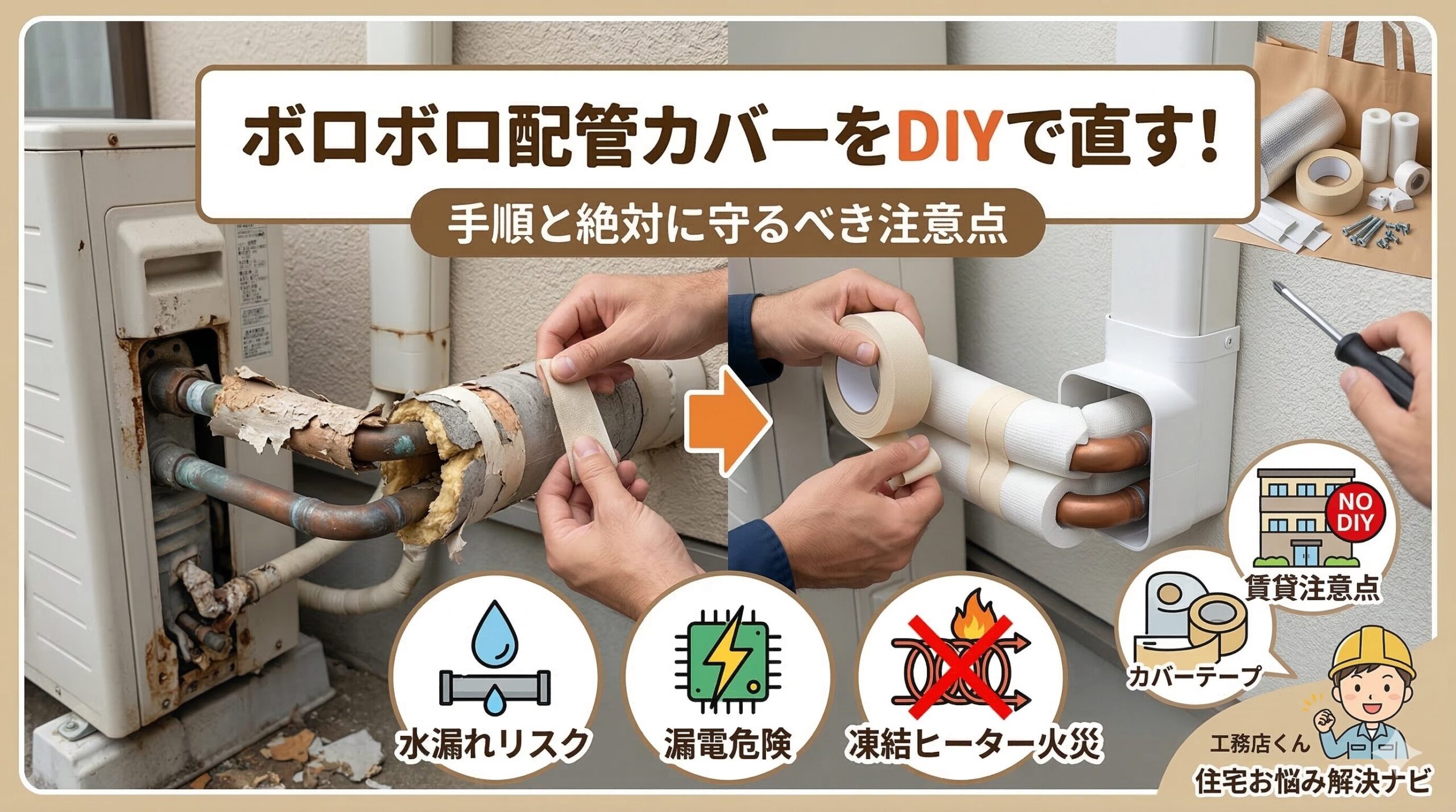 アイキャッチ画像（ボロボロなエコキュート配管カバーを自分で直す！補修の手順と注意点）