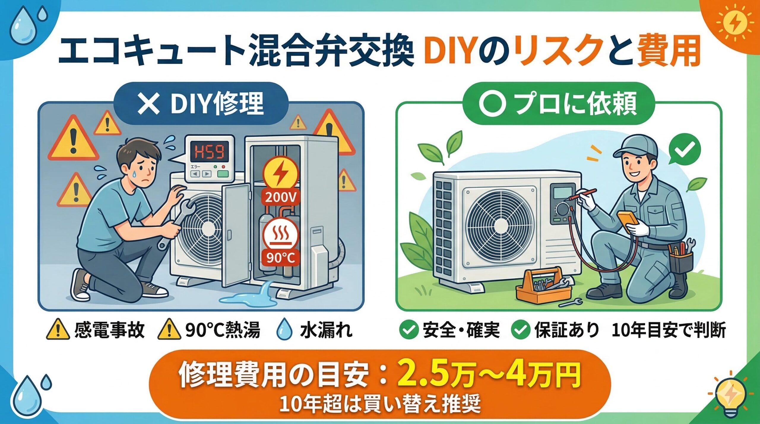 アイキャッチ画像（自分でできる？エコキュート混合弁交換のリスクと修理費用の目安）