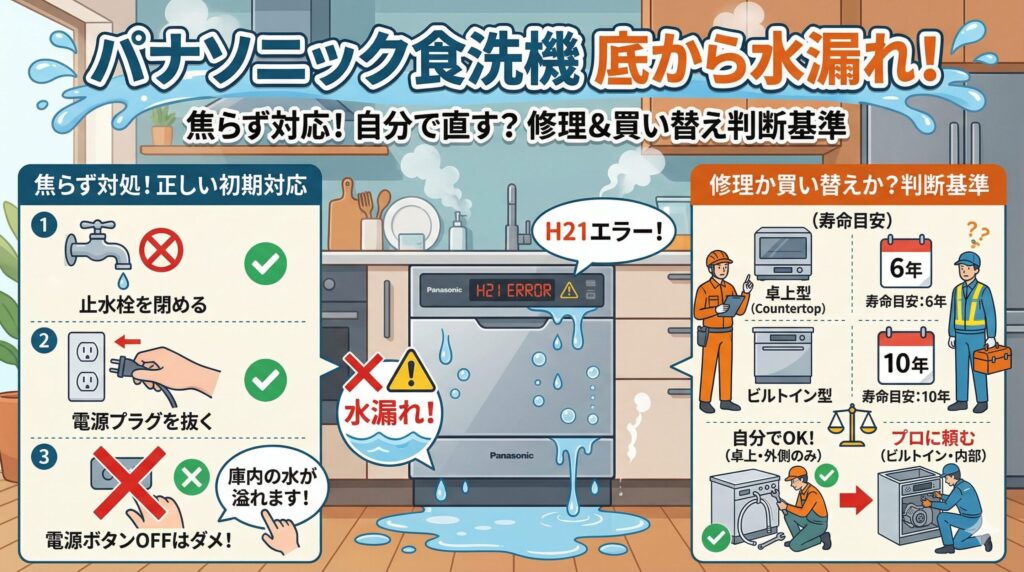 アイキャッチ画像（パナソニック食洗機が底から水漏れ！自分でできる対処法と修理基準）