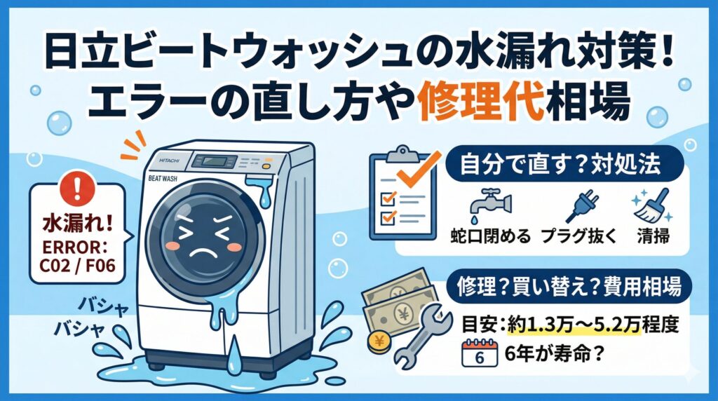 日立ビートウォッシュの水漏れ対策！エラーの直し方や修理代相場