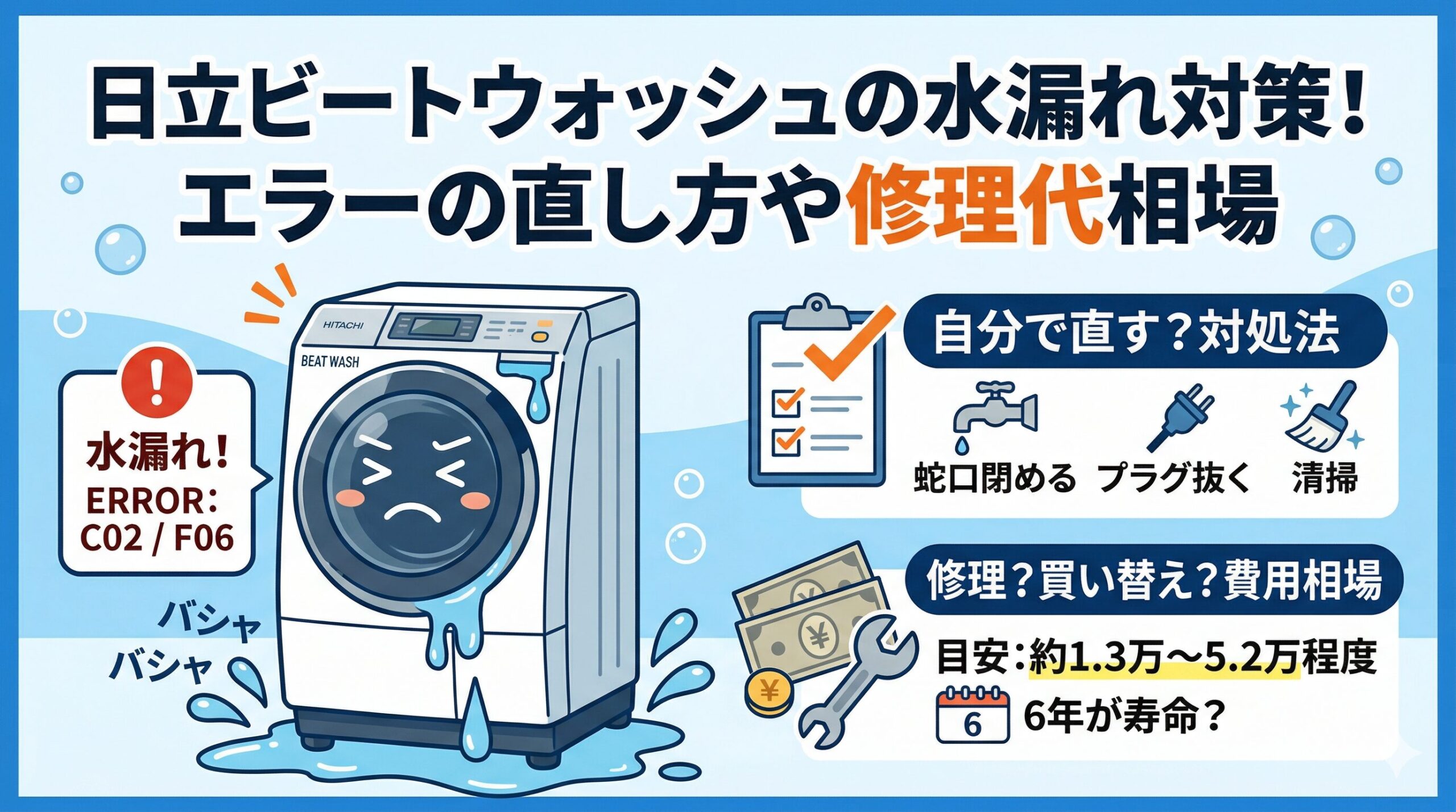 日立ビートウォッシュの水漏れ対策!エラーの直し方や修理代相場