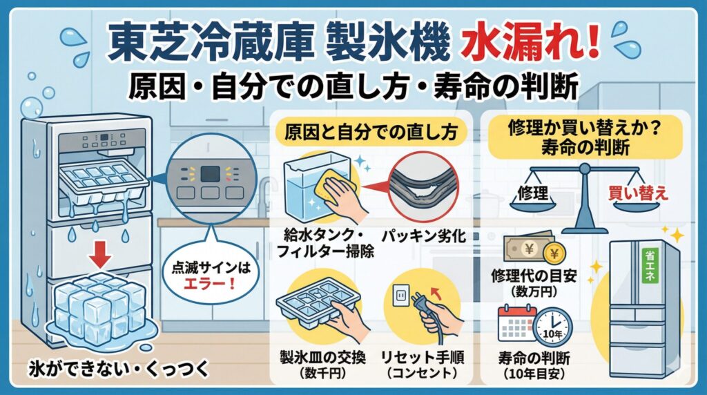 東芝冷蔵庫の製氷機で水漏れ発生！原因と自分で直す方法、寿命の判断