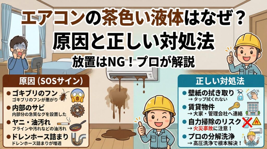 アイキャッチ画像（エアコンの茶色い液体はSOS！放置厳禁な理由と壁紙掃除・賃貸の対応）