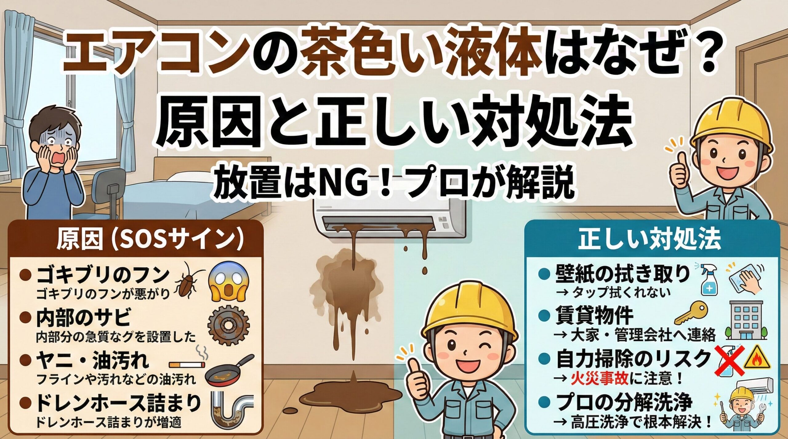 アイキャッチ画像（エアコンの茶色い液体はSOS！放置厳禁な理由と壁紙掃除・賃貸の対応）