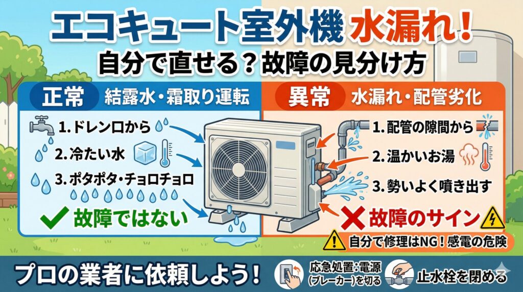 アイキャッチ-エコキュート室外機水漏れは自分で直せる？故障の見分け方と修理費用