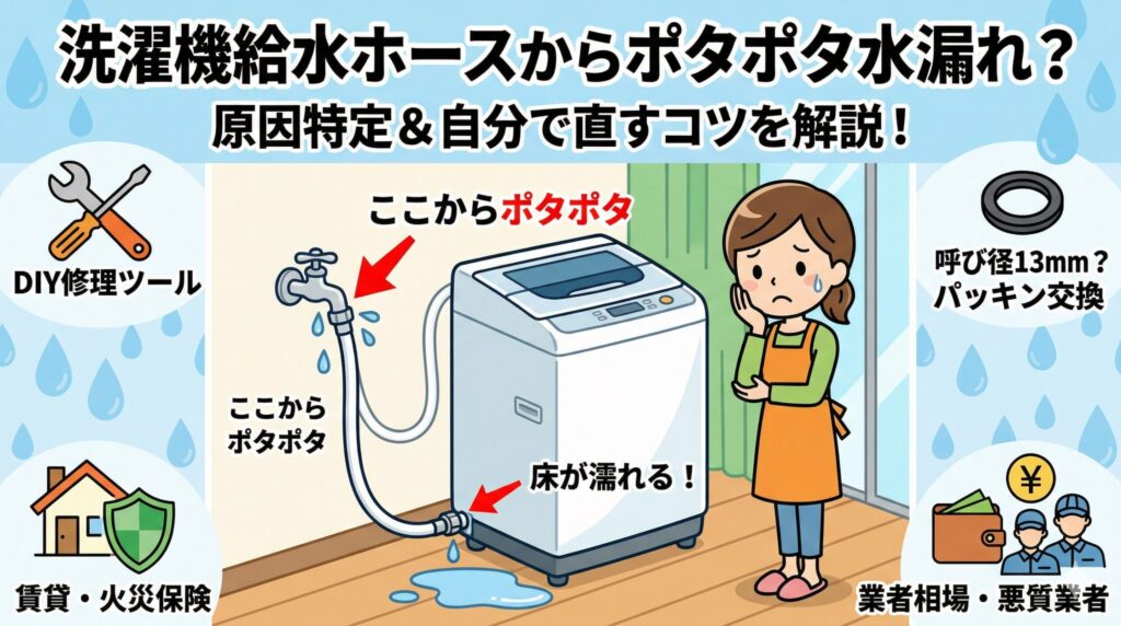 アイキャッチ画像-洗濯機給水ホースからポタポタ水漏れ？原因と自分で直すコツを解説