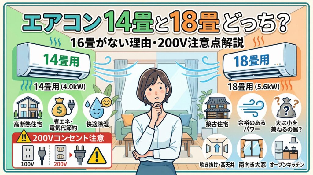 アイキャッチ画像-エアコン14畳と18畳どっち？16畳がない理由や200Vの注意点解説