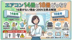 アイキャッチ画像-エアコン14畳と18畳どっち？16畳がない理由や200Vの注意点解説