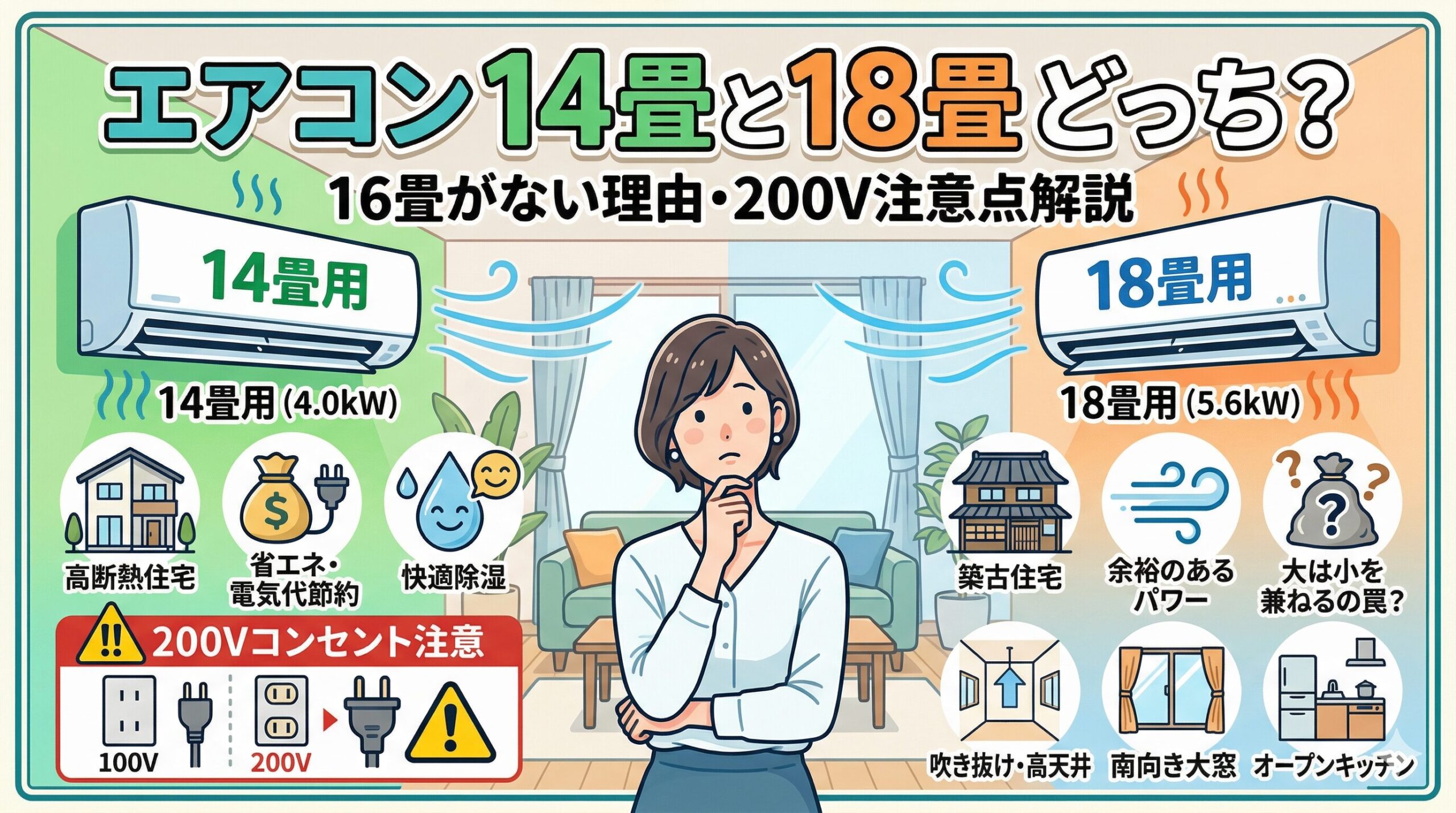 アイキャッチ画像-エアコン14畳と18畳どっち？16畳がない理由や200Vの注意点解説