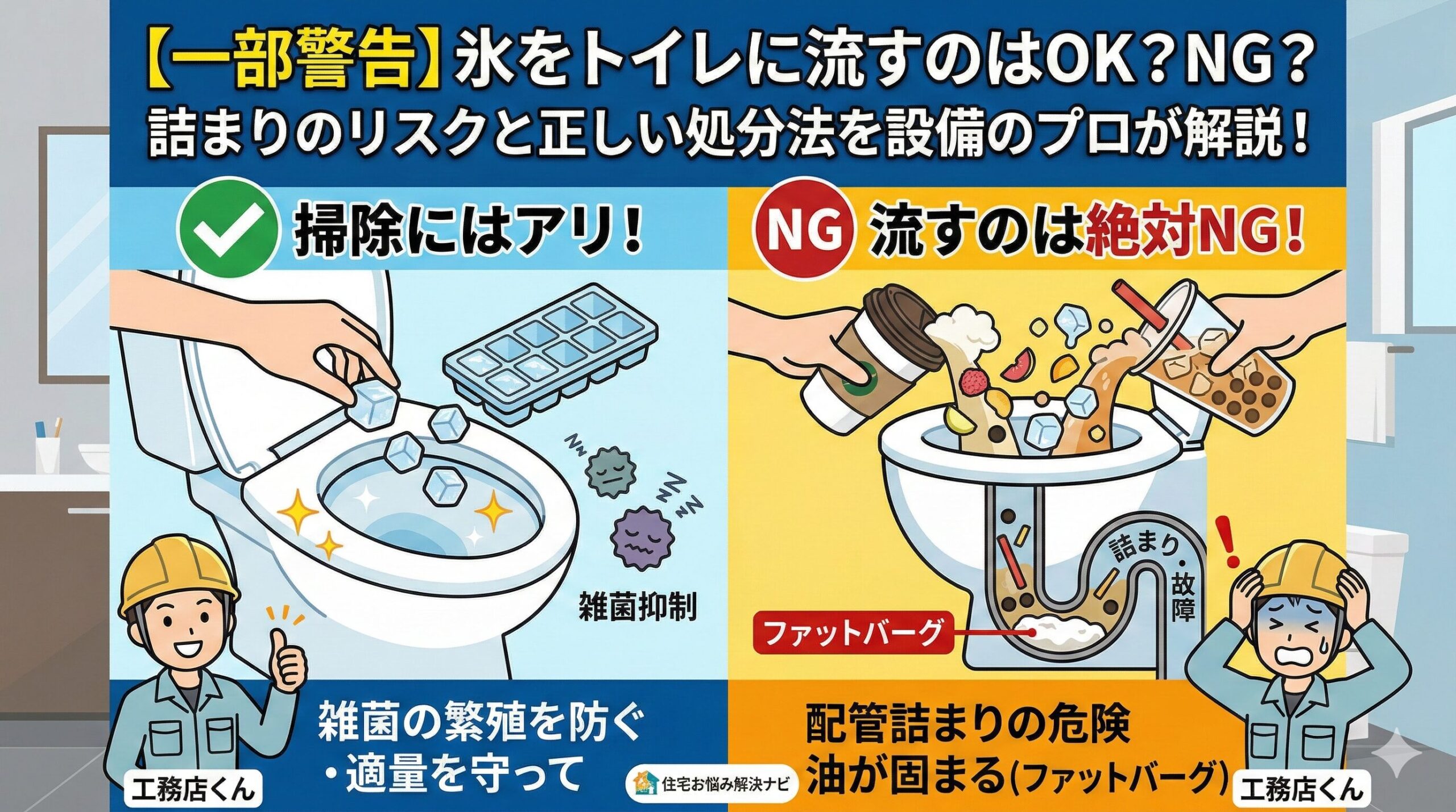 アイキャッチ画像（【一部警告】氷をトイレに流すのはNG？詰まりや故障のリスクと正しい処分法）
