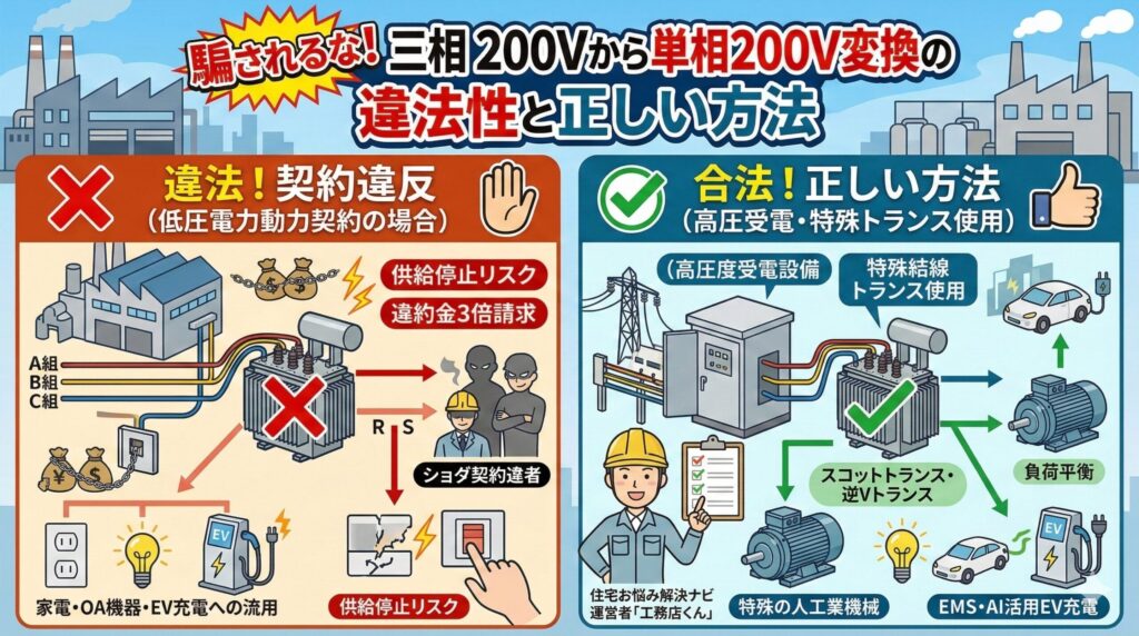 アイキャッチ画像（騙されるな！三相200Vから単相200V変換の違法性と正しい方法）