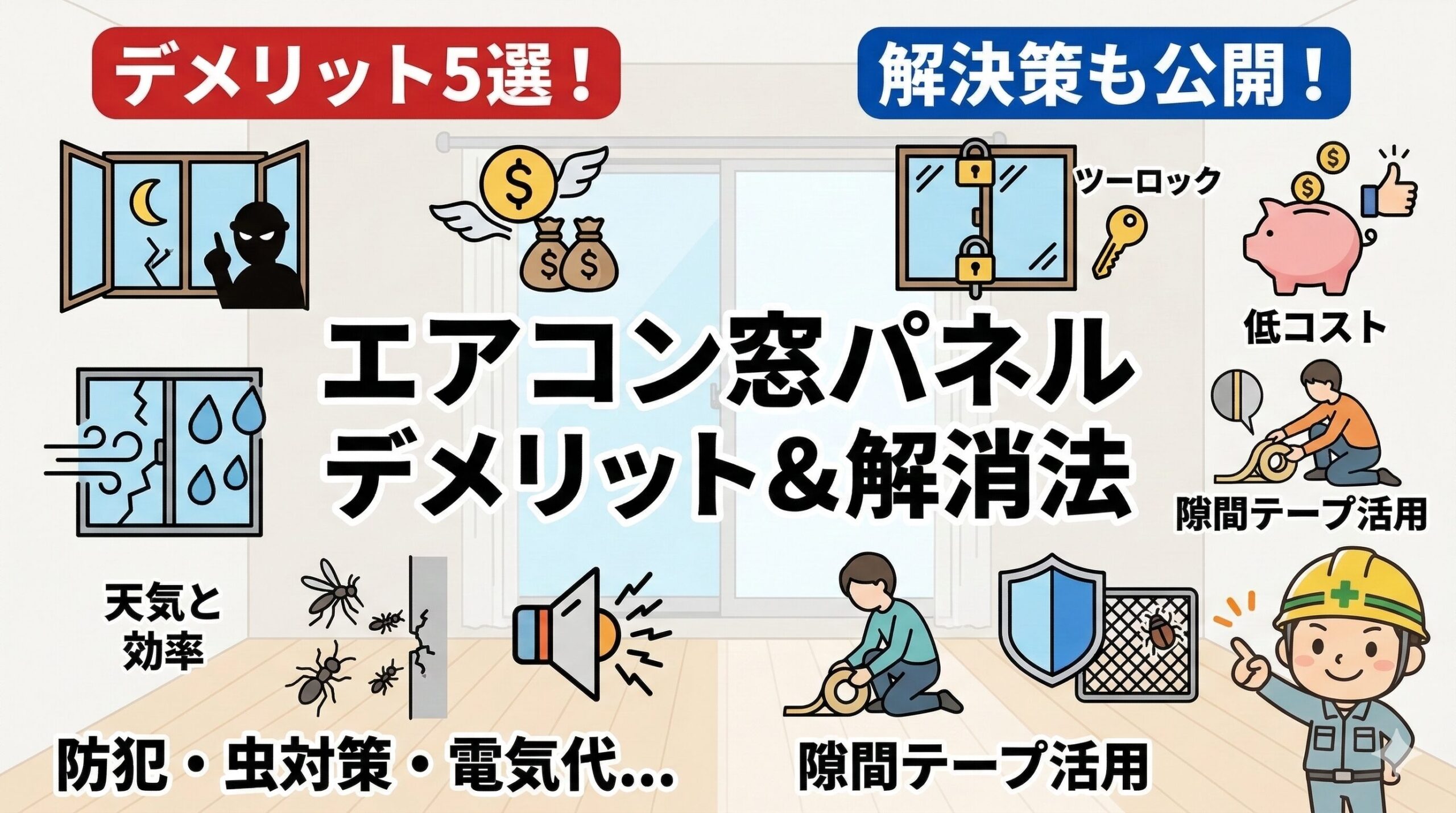 アイキャッチ画像（エアコン窓パネルのデメリット5選！防犯・虫対策など/解消法を公開）