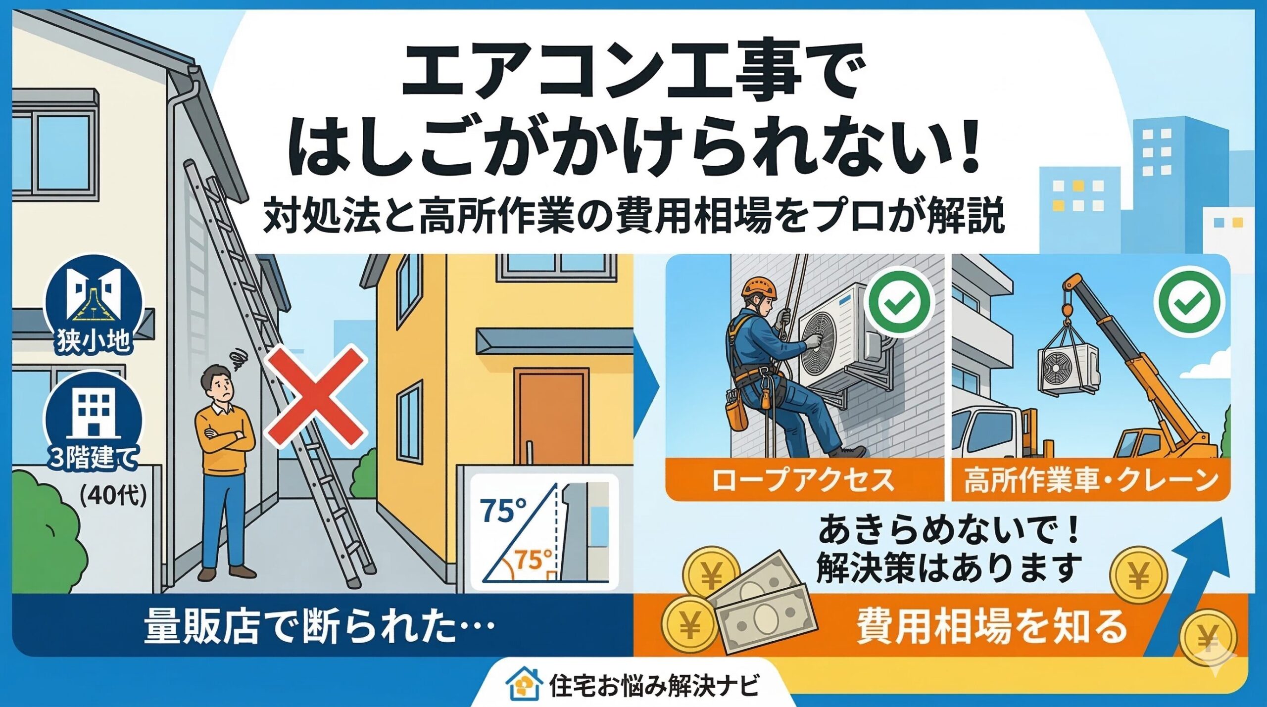 アイキャッチ画像（エアコン工事ではしごがかけられない！対処法と高所作業の費用相場）