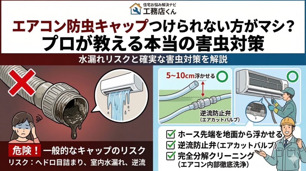 アイキャッチ画像（エアコン防虫キャップつけられない方がマシ？プロが教える本当の害虫対策）