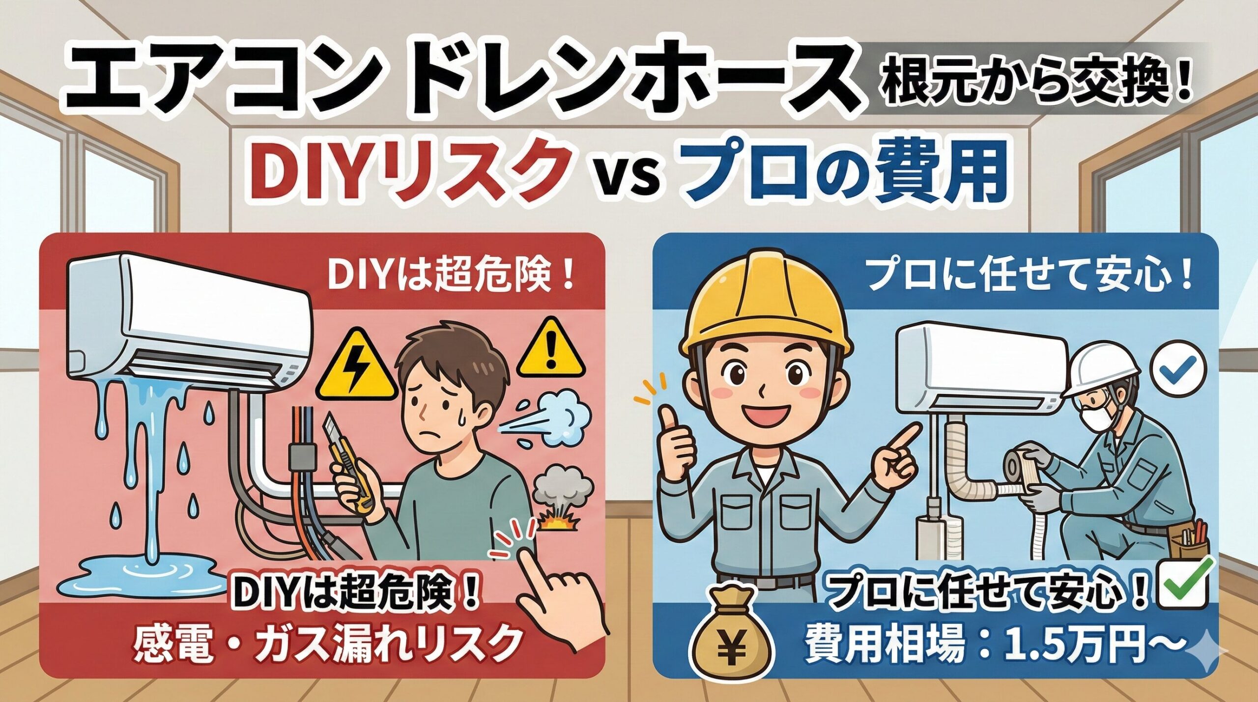 アイキャッチ画像(エアコンのドレンホースを根元から交換!プロの費用とDIYリスク)