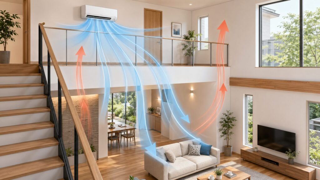 F式全館冷房の仕組みである自然対流を促す、2階ホールにエアコンが設置された吹き抜けのあるモダンな住宅内観