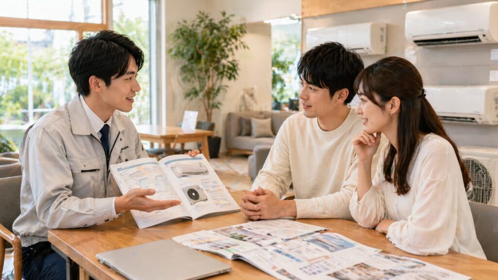  住宅展示場で、工務店スタッフの男性が、笑顔で若い日本人夫婦にエアコンの選び方についてカタログを使って説明している様子。