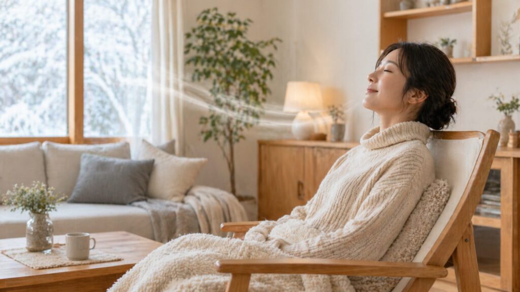 新鮮な空気が循環する暖かいリビングでリラックスしながら深呼吸する女性