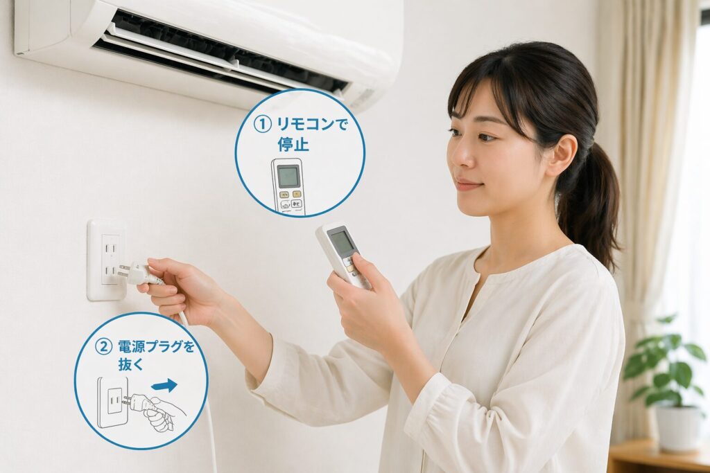 エアコンの異音確認のため、リモコンで停止し電源プラグを抜く日本人女性