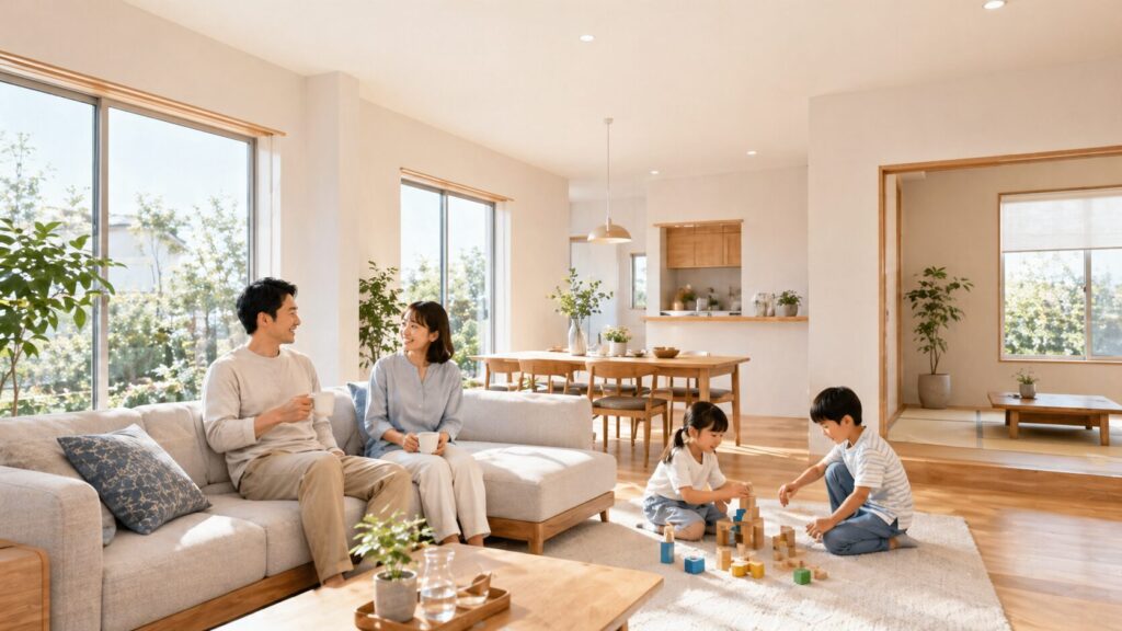 全館冷房により各部屋のエアコンが不要になり、壁がすっきりとしたインテリア空間で快適に過ごす家族