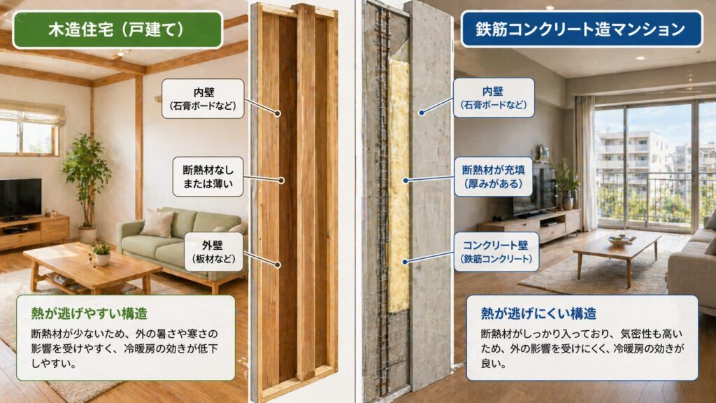 木造住宅（左）と鉄筋コンクリート造のマンション（右）のリビングを比較し、壁の構造（断熱材の有無や厚み）の違いを示すイメージ図。