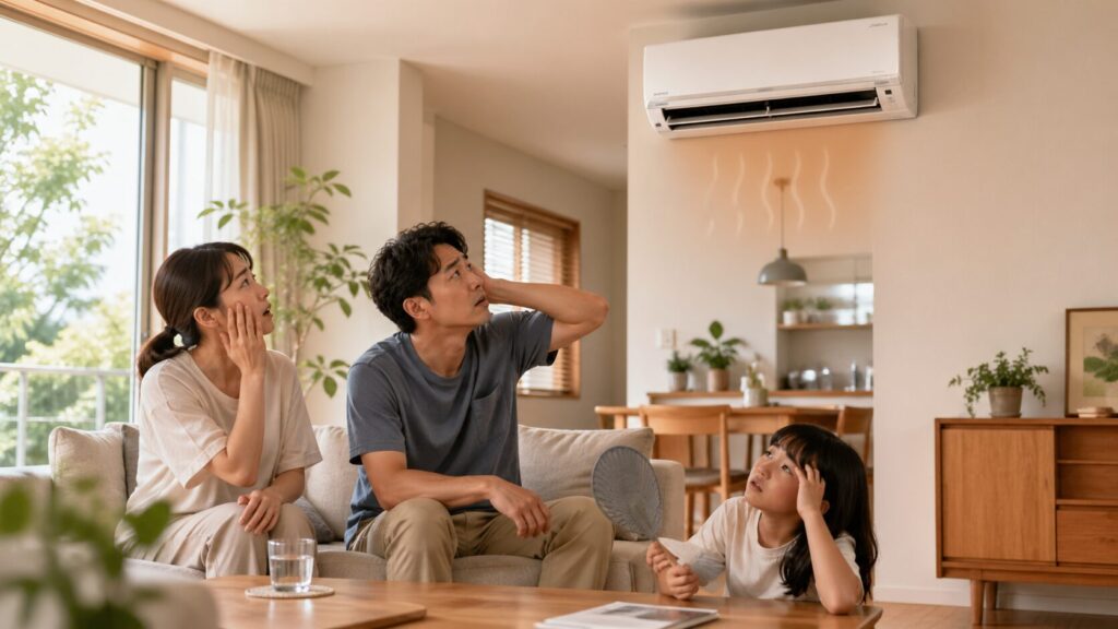 F式全館冷房のデメリットである、1台のエアコンに依存することによる故障時のリスクを懸念する様子