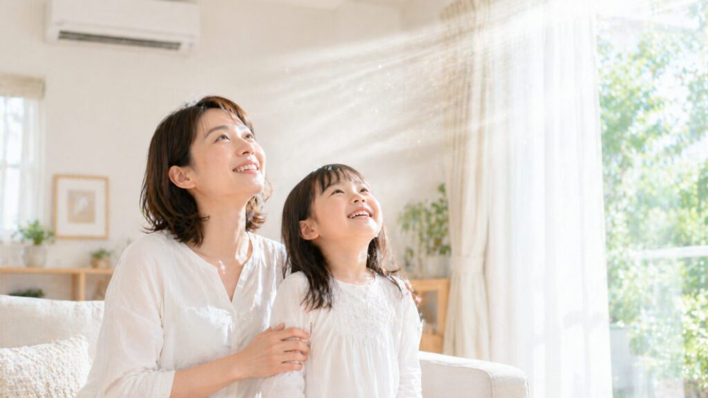 エアコンからの清潔でクリーンな風を浴びて安心した笑顔を浮かべる親子
