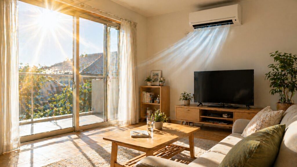 強い日差しが差し込む南向きの部屋で、エアコンが稼働している様子。