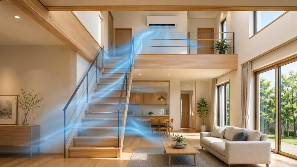 F式全館冷房を成功させるための必須条件である、冷気が降りやすいリビング階段と高気密・高断熱を活かした間取り