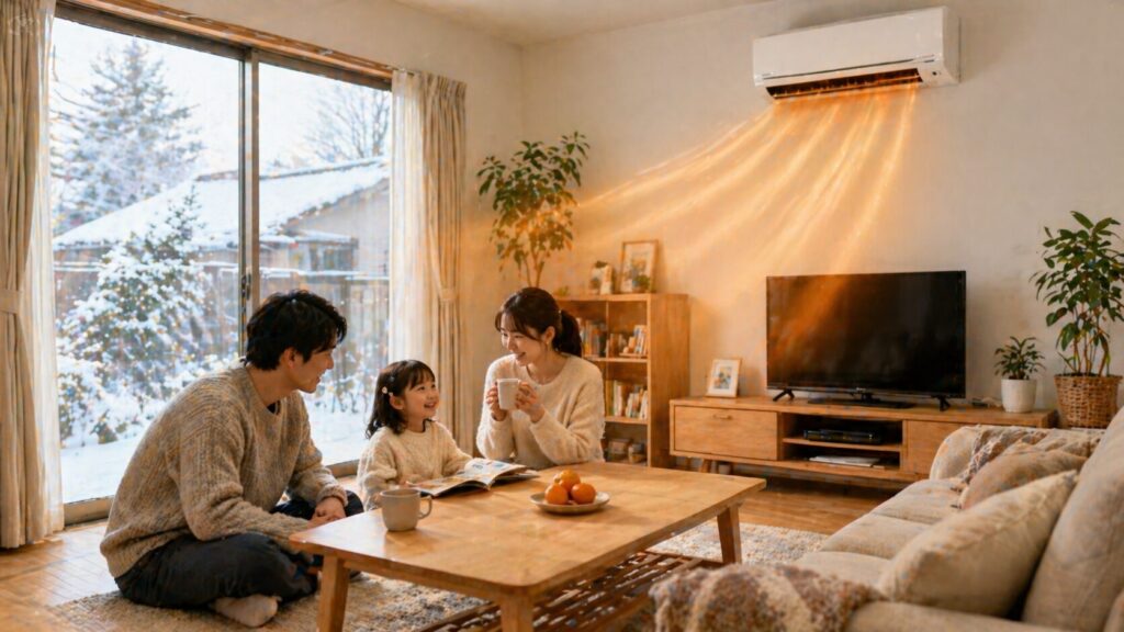 冬の部屋で、エアコンが稼働し、温風が部屋全体を暖めている様子。