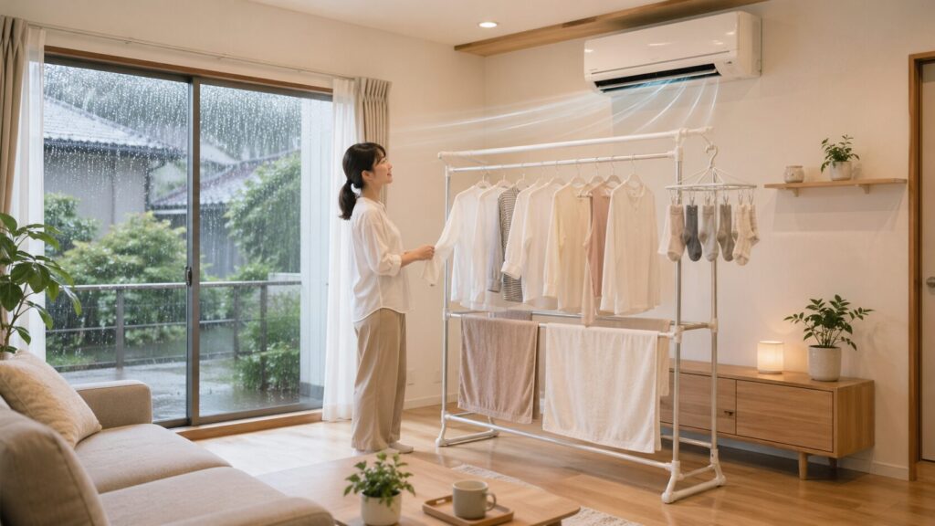 再熱除湿機能付きエアコンを活用し、梅雨時でも室温を下げすぎずカラッと快適に部屋干しができる室内環境