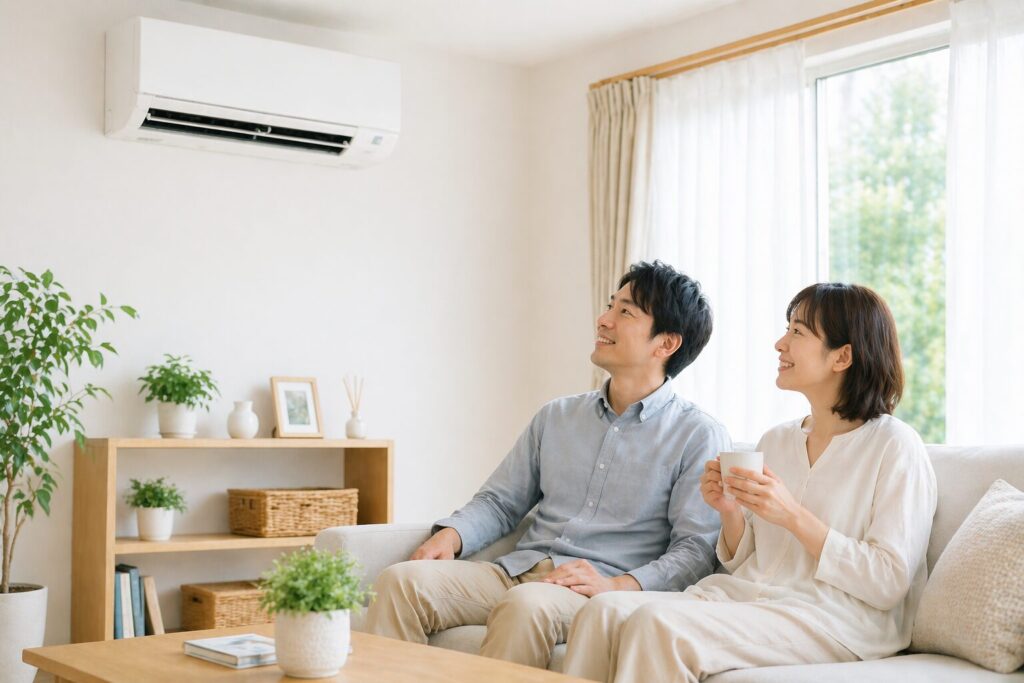 新しいエアコンが設置された、快適で明るいリビングルームでくつろぐ日本人夫婦