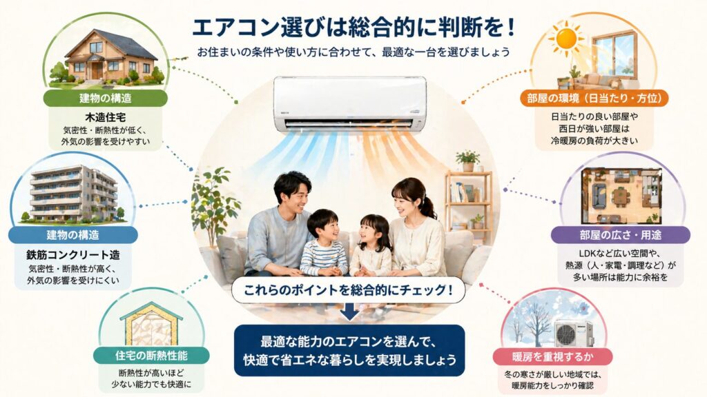 様々な住宅構造と部屋の環境（木造、鉄筋、日当たり、広さ）をアイコンで表した、エアコン選びの総合的な判断を促すイメージ図。