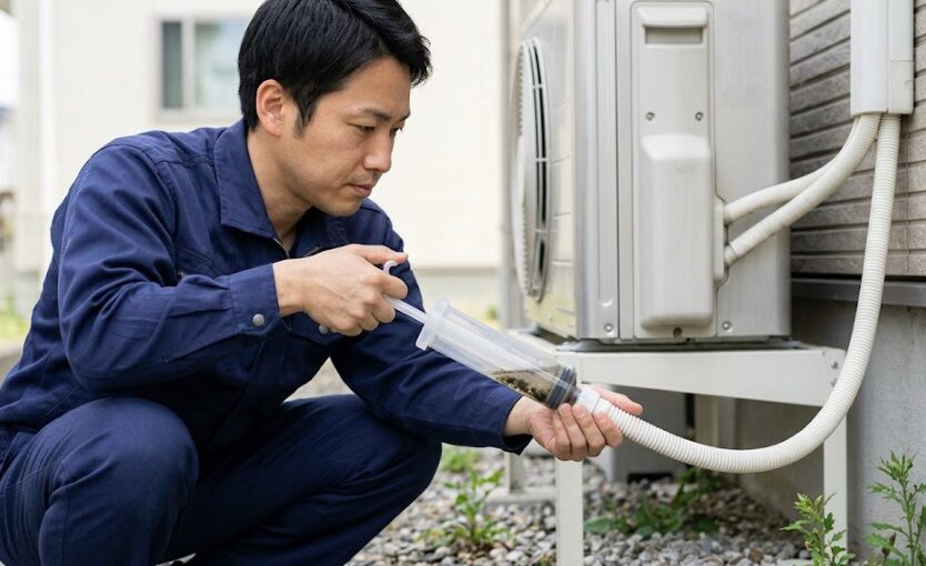 エアコンのドレンホースの詰まりを解消するため、屋外でサクションポンプ（真空引きポンプ）を使って汚れを吸い出す日本人作業員。