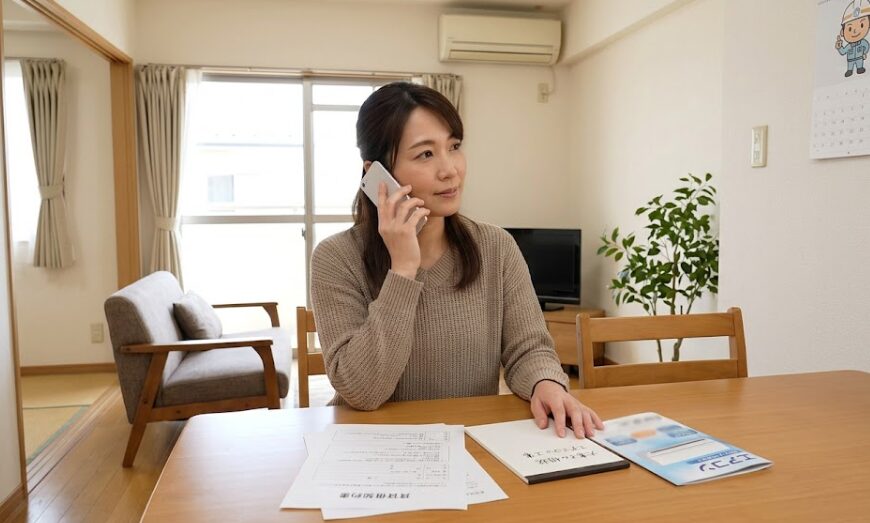 賃貸マンションのリビングで、日本人住人が管理会社(または大家さん)に電話でエアコン工事の許可について相談している。賃貸物件での重要な手順を視覚化。