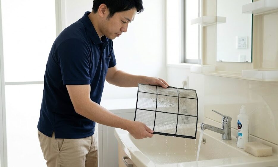 洗面台でエアコンのメッシュフィルターを水洗いする日本人男性。カビ予防のための清掃作業。