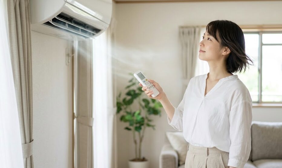 リモコンでエアコンを最低温度に設定し、試運転を開始する日本人女性。室内機から冷風が出て、ルーバーが動いている様子。