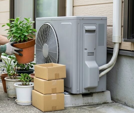 エアコンの室外機の前に置かれた植木鉢や段ボールなどの障害物を片付ける日本人男性。排熱効率を下げないための風通し確保。