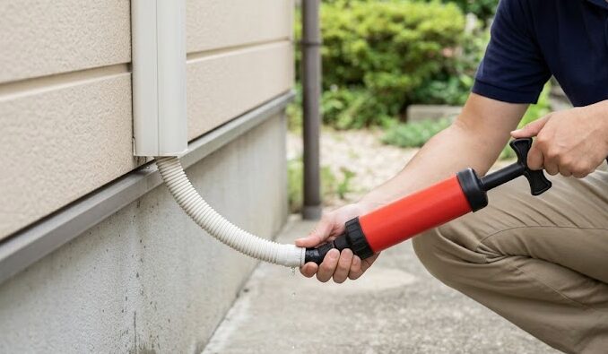 屋外でエアコンのドレンホースに真空式パイプクリーナーを接続し、詰まりを吸い出す日本人男性。水漏れトラブルの解消作業。