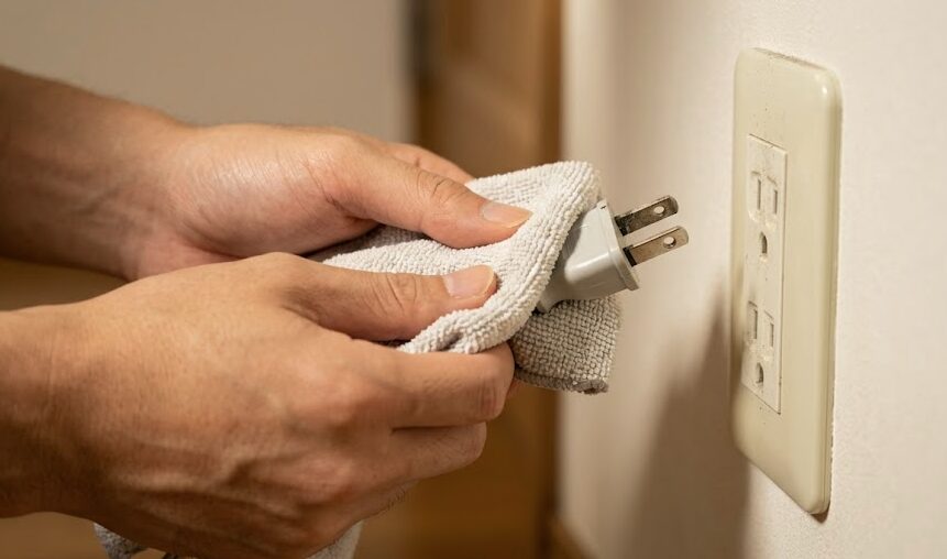 エアコンの電源プラグをコンセントから抜き、乾いた布でホコリを拭き取る日本人男性の手元。トラッキング現象を防ぐための安全点検。